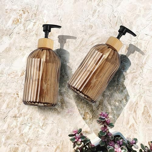 Ulable Amber Glass Soap Dispenser with Pump, 2 Pack 13.5oz Vertical Stripe Design Hand Soap Dispenser for Hand Wash, Dish Wash, Elegant Dispenser for Bathroom and Kitchen thumbnail 7