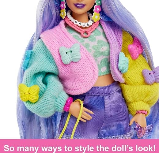 Barbie Extra Doll & Accessories with Wavy Lavender Hair in Colorful Butterfly Sweater & Pink Boots with Pet Koala thumbnail 3