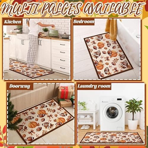 Fourluoo 3 Pcs Fall Football Pumpkin Kitchen Rugs and Mats Set | Farmhouse Door Mats for Home Bathroom Kitchen Cabin, Fall Home Decor, Non Slip Washable Kitchen Mats, 3 Size thumbnail 6