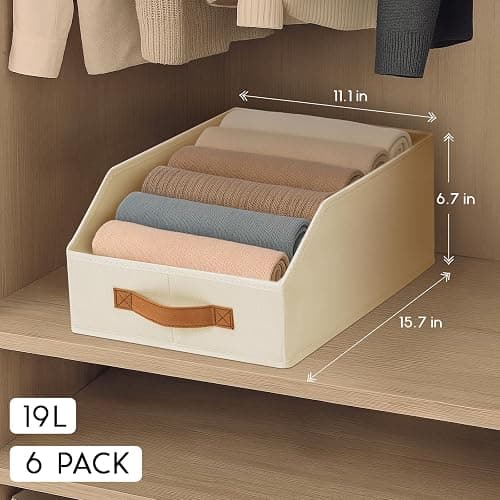 Homsorout Fabric Storage Bins for Organizing - 6 Pack Large Trapezoid Collapsible Storage Bins with Front Handle, Closet Organizers and Storage for Bedroom, Home Shelves, Small Spaces, Beige thumbnail 3