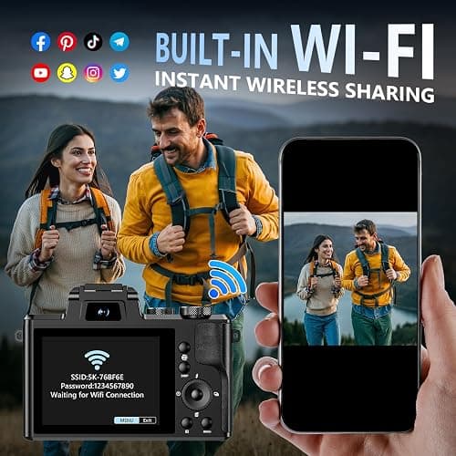 8K 88MP Digital Camera WiFi Cameras for Photography with 3.2" Touchscreen | 16X Zoom, Autofocus, Professional Dual Camera, Anti-Shake, 2 Batteries & Charging Stand, 64GB Card, Flash, Lens Hood thumbnail 5