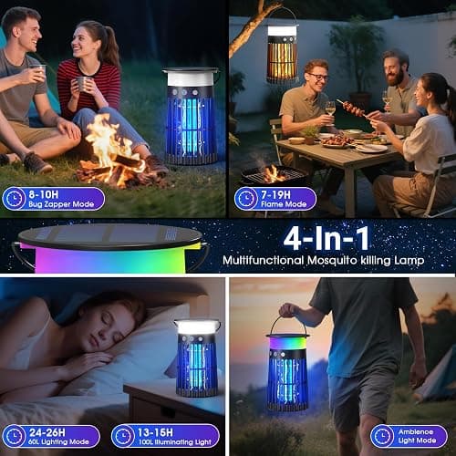 Solar Bug Zapper Outdoor, Portable Electric Mosquito Killer with Panel Sensor, Rechargeable Insect Trap with LED Night Light and Flame Effect, Ideal for Outside Patio, Backyard, and Camping (1 Pack) - Modern thumbnail 5