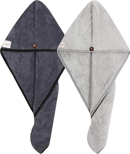 M-bestl 2 Pack Hair Drying Towels, Anti-frizz Hair Towel Wrap, Absorbent Microfiber Hair Towel Turban with Button Design for Straight Curly Hair (Dark Gray&Light Gray) thumbnail 5