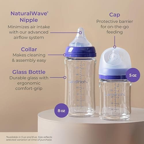 Lansinoh Anti-Colic Glass Baby Bottles, 8 Ounces, 4 Count Bottles for Feeding, Baby Essentials, Includes 4 Medium Flow Nipples, Size M thumbnail 7