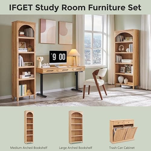 IFGET 76" Tall Arched Bookcase, Farmhouse 5 Tiers Large Arched Bookshelf Cabinet with Adjustable Shelves, Modern Wooden Book Shelf w/Storage and Open Display Shelves for Living Room, Office-Natural thumbnail 6