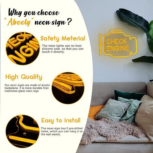Check Engine Light Neon Sign for Man Cave Decor, LED Garage Wall Art, Funny Gifts for Dad & Car Guys, Man Cave Auto Repair Shop Mechanics Workshop Sign, USB Powered(15.7x11.8in,Yellow) thumbnail 7