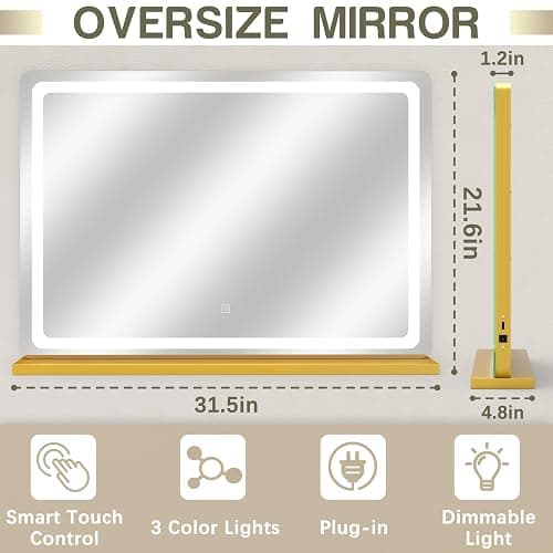 ROLOVE Gold Vanity Mirror with Lights, 32" x 22" Large Lighted Vanity Mirror with Dimmable 3 Modes, LED Makeup Mirror, USB Charging Port, Tabletop or Wall-Mounted thumbnail 2