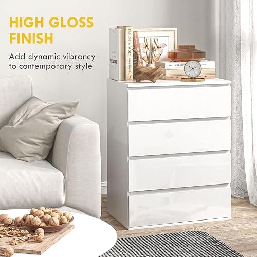 HOMCOM Dresser for Bedroom with 4 Drawers, High Gloss Chest of Drawers with Metal Runners and Groove Handles for Living Room, Hallway, White thumbnail 6