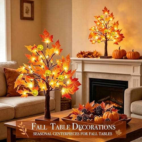 TURNMEON Fall Decor 2 Pack 18 Inch Prelit Fall Maple Tree 48 LEDs Timer | Halloween Fall Decorations for Home Battery Operated Pumpkin Lights Lighted Thanksgiving Decor Table Mantle Indoor Outdoor thumbnail 5