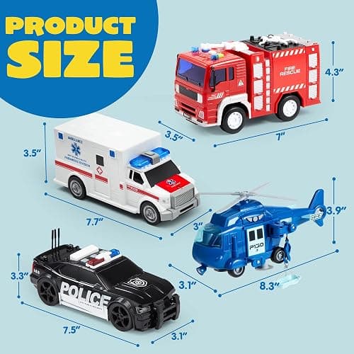 JOYIN 4 Packs Emergency Vehicle Toy Playsets, Friction Powered Vehicles with Light and Sound, Including Fire Truck, Ambulance, Play Police Car and Helicopter, Christmas Toddler Kids Boys Gifts thumbnail 3