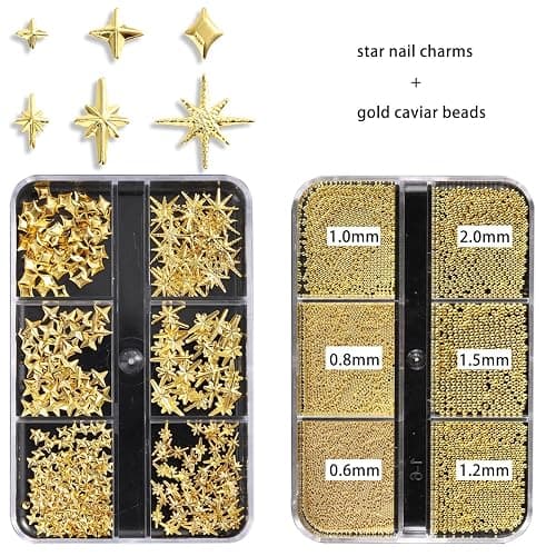 Fspronail Star Nail Charms, 2 Boxes Gold Nail Charms Twinkle Stars Cross Metal Charms for Nails Design Studs Rivets Mix Size Gold Caviar Nail Beads Y2K Decoration for Acrylic Nails thumbnail 3