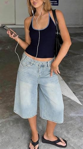 EMMIOL Machine Wash Y2K Jorts Women Wide Leg Baggy Long Jean Shorts Loose Fit Grunge Bermuda Denim Shorts thumbnail 6