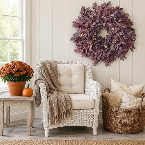 26" Artificial Cimicifuga Fall Wreath for Halloween Front Door(Dark Purple) | Realistic Large Fake Cimicifuga Leaf,Lush Faux Halloween Wreath,for Window Front Porch Outdoor Farmhouse Autumn Home Decor thumbnail 7