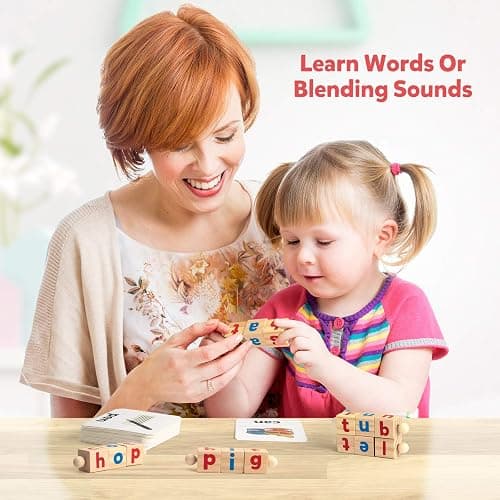 Coogam Wooden Reading Blocks Short Vowel Rods Spelling Games, Flash Cards Turning Rotating Letter Puzzle for Kids, Sight Words Montessori Spinning Alphabet Learning Toy for Preschool Boys Girls thumbnail 2