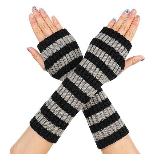 LIQWEI Arm Warmers, Y2k Striped Arm Warmers, Long Fingerless Knitted Gloves Alt Clothes Accessories, Cool Winter Arms Sleeves Scene Clothes - Image 1