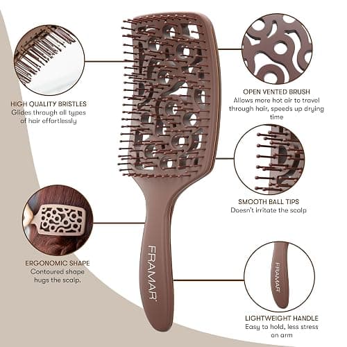 FRAMAR Professional Vented Hair Brush – Curved Hair Brush For Blow Drying, Wet Paddle Brush For Hair, Vent Brush For Blow Drying, Wet Hairbrush For Women – Heat Resistant – Chocolate thumbnail 4