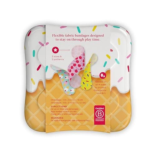 Welly Bandages | FSA Eligible | Adhesive Flexible Fabric Bravery Badges | Assorted Shapes for Minor Cuts, Scrapes, and Wounds | Colorful and Fun First Aid Tin | Ice Cream Patterns - 48 Count thumbnail 2