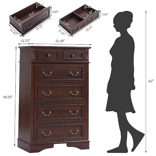ENOUSHU Farmhouse Dresser and Nightstand Sets, 6-Drawer with 7 Drawer Dresser & 3 Drawer Nightstand Sets, 4 Pieces Rustic Wood Bedroom Furniture Set for Home, Bedroom, Hallway(Dark Brown) thumbnail 4