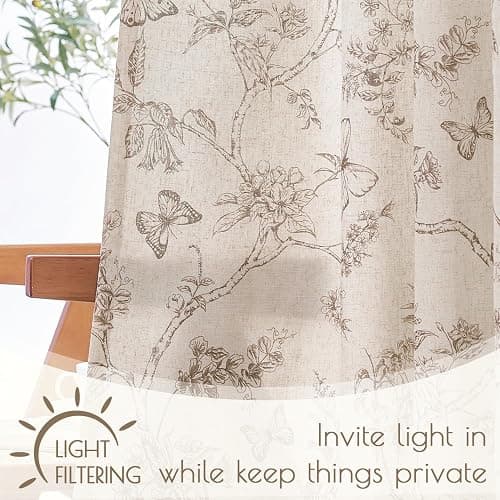 Lazzzy Farmhouse Linen Taupe Floral Curtains 96 Inch Long Back Tab Drapes for Living Room Bedroom Light Filtering Country Vintage Rod Pocket, 2 Panels, Taupe on Beige thumbnail 3