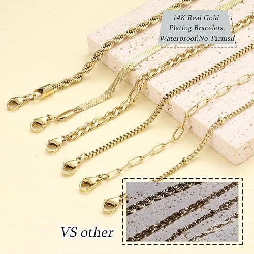 Florideco Gold Bracelets for Women Waterproof 14K Gold Plated Bracelet Stack Set Non Tarnish Trendy Thin Dainty Stackable Cuban Link Paperclip Chain Bracelet Pack Fashion Cute Jewelry Set thumbnail 5
