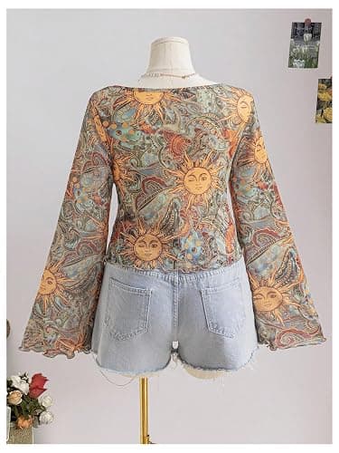 Floerns Women's Plus Size Vintage Flare Sleeve Shirts Tie Front Sweetheart Neck Hanky Hem Blouse Tops thumbnail 2