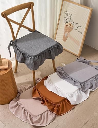 vctops Cotton Ruffled Chair Cushion for Kitchen Dining Room Chairs Farmhouse Neutral Thin Seat Cushion Soft Foam Non Slip Chair Pad with Removable Cover (White,16"x16") thumbnail 2
