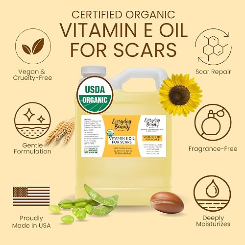 Organic Vitamin E Oil Bulk - 32oz USDA Certified 100% All Natural Plant Based - Light and Unscented Great for Scars After Surgery - For Face, Skin and Nails - Anti-Aging, Reduce Appearance of Wrinkles - Unscented - 32 Fl Oz (Pack of 1) thumbnail 2
