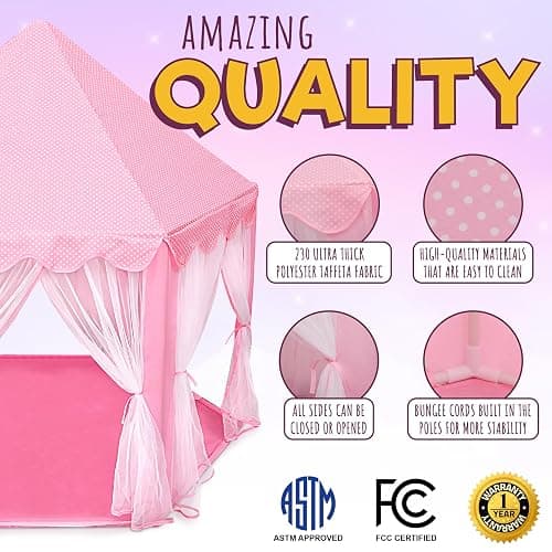 ORIAN Princess Castle Playhouse Tent for Girls with LED Star Lights – Indoor & Outdoor Large Kids Play Tent for Imaginative Games – ASTM Certified, 230 Polyester Taffeta. Pink 55"x53". thumbnail 4