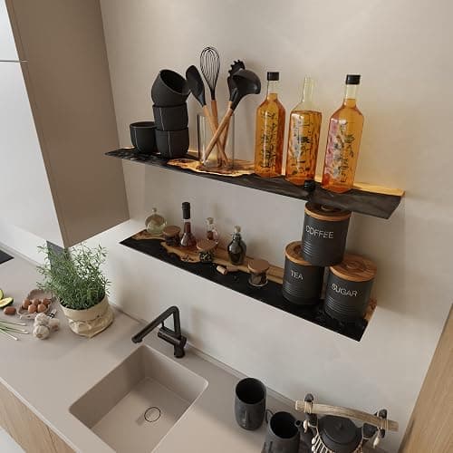 RWA Unique Live Edge Floating Shelf for Wall - Stylish Hanging Shelves for Room Wall Bedroom Bathroom Office Decor, Epoxy and Wood Wall Shelf Plank - Elegant Wall Mounted Shelves (black, 16x6") thumbnail 3