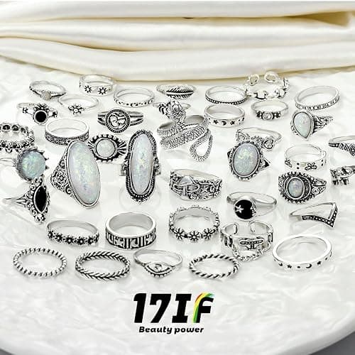 17IF Vintage Silver Knuckle Rings Set for Women Men, Chunky Rings Aesthetic Snake Grunge Stackable Gothic Ring Adjustable Y2K Punk Bulky Boho Finger Alt of Rings, Stacking Fairy Skull Frog Heart Star Flower Midi Ring Pack thumbnail 3