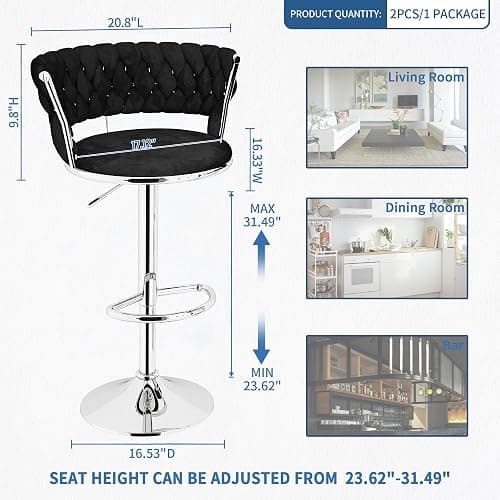 furlinkhm Swivel Bar Stools Set of 2, Adjustable Counter Height Barstools with Back & Footrest, Kitchen Island Stools, Upholstered Velvet Bar Chairs, 22"-31" Height Adjustable, Black - Black (2 Pcs) - 2 thumbnail 2