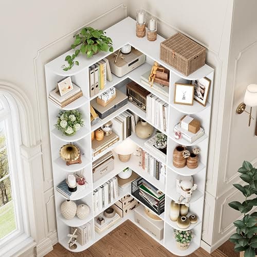 FOTOSOK 74” Tall Corner Bookshelf, 6-Tier Bookshelf and Bookcase with Open Storage, L Shaped Tall Bookcases Wooden Storage Shelves for Home Office, Thickened Boards for Better Load Bearing, White thumbnail 4