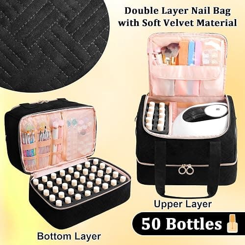 Veirdro Nail Polish Organizer Bag Holds 50 Bottles (15ml/0.5fl.oz)& Nail Lamp, Soft Velvet Nail Kit Storage Carrying Case with Shoulder Strap, Double Layer Nail Supplies Organizer Handbag Women Black thumbnail 2