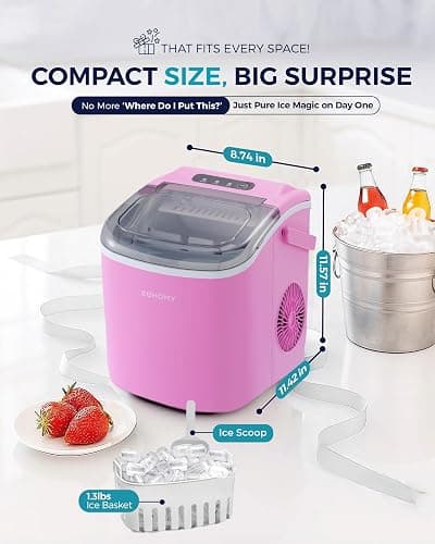 EUHOMY Countertop Ice Maker Machine with Handle, 26lbs Per Day, 9 Ice Cubes Ready in 6 Mins, Auto-Cleaning Portable Ice Maker with Basket and Scoop, for Home/Kitchen/Camping/RV (Pink) - ICE MACHINE - 11.57"D x 11.42"W x 8.74"H - Pink thumbnail 2