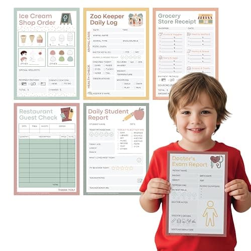 Pretend Play Notepads - 6-Pack Kids Play Pads - 50 Pages Each of Ice Cream Shop, Doctor, Zoo Keeper, Grocery List, Restaurant & Student Reports for Imaginative Role Play - Image 1