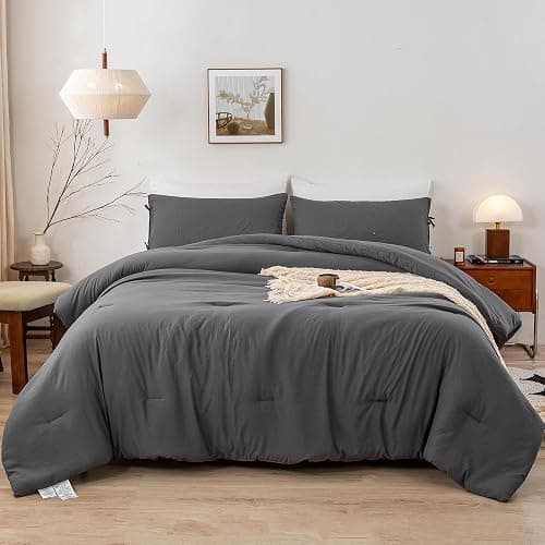 BOHOPOPM Ultra-Soft Cozy Polycotton Bedding Comforter Queen Set - Comfy Fluffy Down Alternative Comforter Queen Size with 2 Pillow Case - Lightweight but Warm Bed Blanket All Season - Dark Gray thumbnail 2