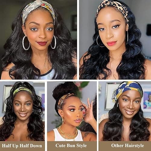 Colorful Queen Glueless Headband Wig Long Black Body Wave Headband Wigs for Black Women Synthetic Natural Looking Wavy Wig Heat Resistant 180% Density (26inch, 1B#) thumbnail 4