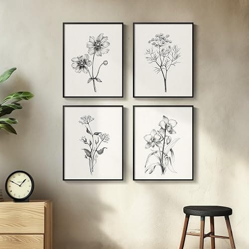 Framed Black and White Floral Wall Art for Bedroom, 4 Piece Vintage Botanical Canvas Paintings Artwork for Modern Farmhouse, Minimalist Flower Pictures for Living Room Kitchen Bathroom Wall Decor thumbnail 7