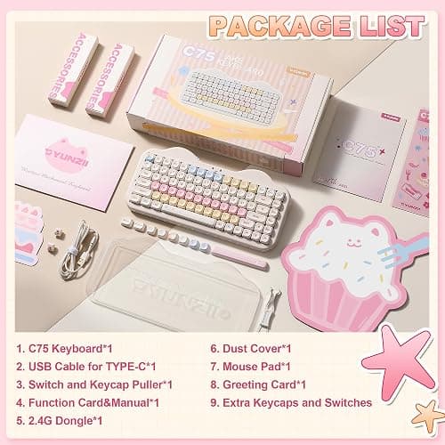 YUNZII C75 Wireless Mechanical Keyboard, 75% Layout Hot Swappable Creamy Keyboard NKRO, PBT MOA Keycaps RGB Backlit Gasket Mount, Cute Cake Design BT5.0/2.4G/USB-C (Beige, Milk V2 Linear Switch) thumbnail 9