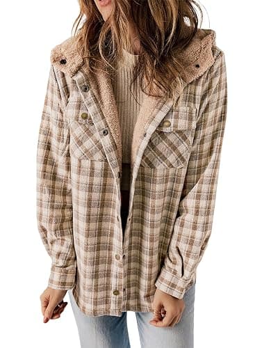 Dokotoo Womens Plaid Shacket Jacket Long Sleeve Button Down Fleece Hooded Jackets Warm Coat - Image 1