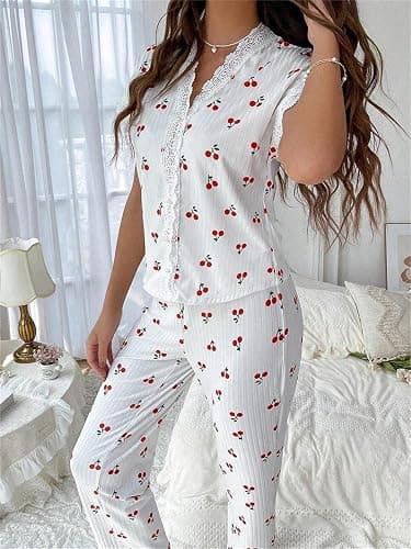 Ensemble pyjama côtelé 2 pièces pour femme avec haut boutonné et pantalon long avec bordure en dentelle thumbnail 6