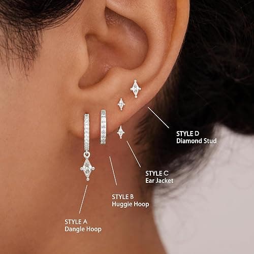 Silver Stud Hoop Earrings Set for Women, Trendy Dangle Jacket Huggie Stacks for Multiple Piercing, Hypoallergenic Cartilage Jewelry Gifts White CZ Geometrical Drop thumbnail 2