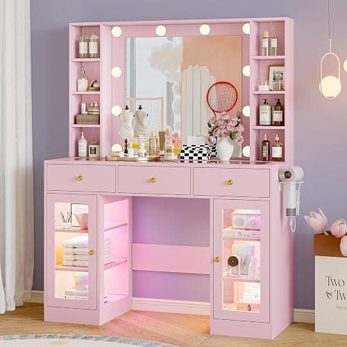Wodeer Makeup Vanity Desk with Mirror and Lights, Pink Vanity with Glass Top, LED Lights & Power Outlet, 3 Drawers & 2 RGB Glass Cabinets, Adjustable Lighted Dressing Table for Women & Girls Bedroom thumbnail 8