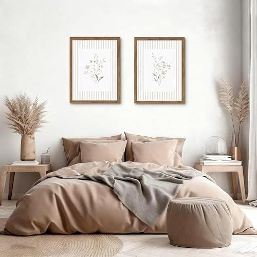 Neutral Wildflower Wall Art Set of 2, Vintage Flower Botanical Wall Decor Painting, Rustic Cottagecore Striped Floral Prints Pictures for Living Room Bedroom 12x16 Inch Framed thumbnail 6