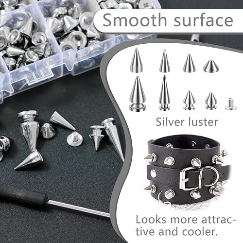 359Pcs Punk Spikes and Studs Kit Metal Cone Spike Studs Rivets 8 Sizes with Install Tools Clothing Stud Kit for Clothing Jacket Shoes Wallet Leather DIY Craft Accessories thumbnail 4