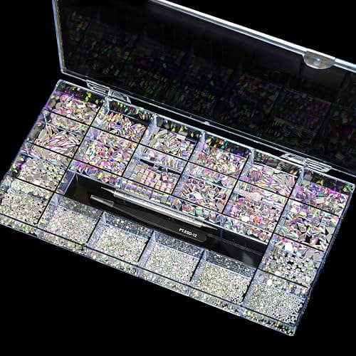 Yzzseven 12 Types of 600 Crystal AB Diamonds + 2500 Flat Rhinestones Mix 20 Styles Flatback DIY Crafts Rhinestone Crystals 3D Ornaments Flat Back Stones Set + Tweezers + Drill Pen thumbnail 8