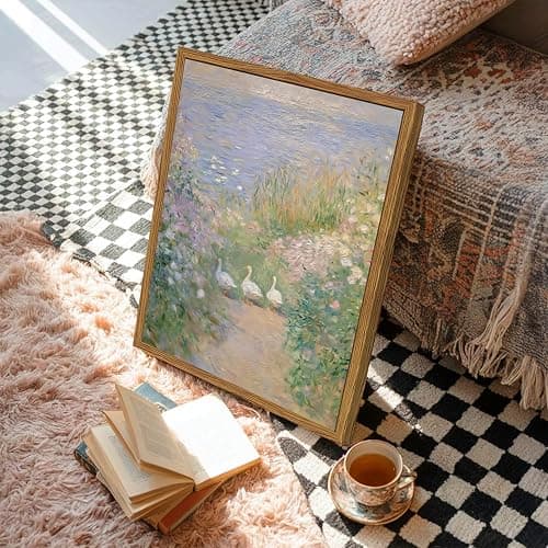 Framed Vintage Geese Canvas Wall Art, Cottagecore Monet Floral Landscape Wall Decor Paintings, French Country Farmhouse Animal Pictures Prints Rustic Home Decor for Living Room Bedroom 12x16 inch thumbnail 2