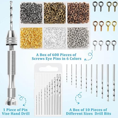 Shynek Pin Vise Hand Drill Set, Manual Hand Drill with 600PCS Small Screw Eye Hooks and 10 Different Sizes Drill Bits for Keychain, Jewelry Making and Crafts thumbnail 3