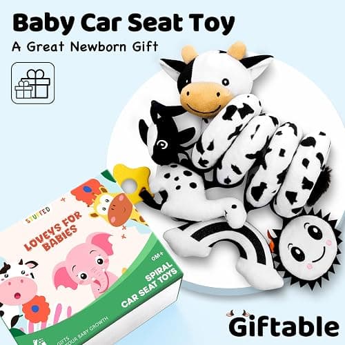 Spiral Car Seat Baby Toys 0-6 Months, Infant Carseat High Contrast Sensory Toys Hanging Stroller Accessories, Newborn Shower Gifts for Baby Boys Essentials Stuff, Cute Black and White Cow thumbnail 7