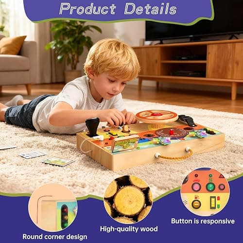 flycoost Busy Board Montessori Toys for Toddlers 1-3 with Steering Wheel | Wooden Lights Driving Activity Board Sensory Montessori Busy Board for 1+ Year Old, Toddler Learning & Travel Toy thumbnail 3